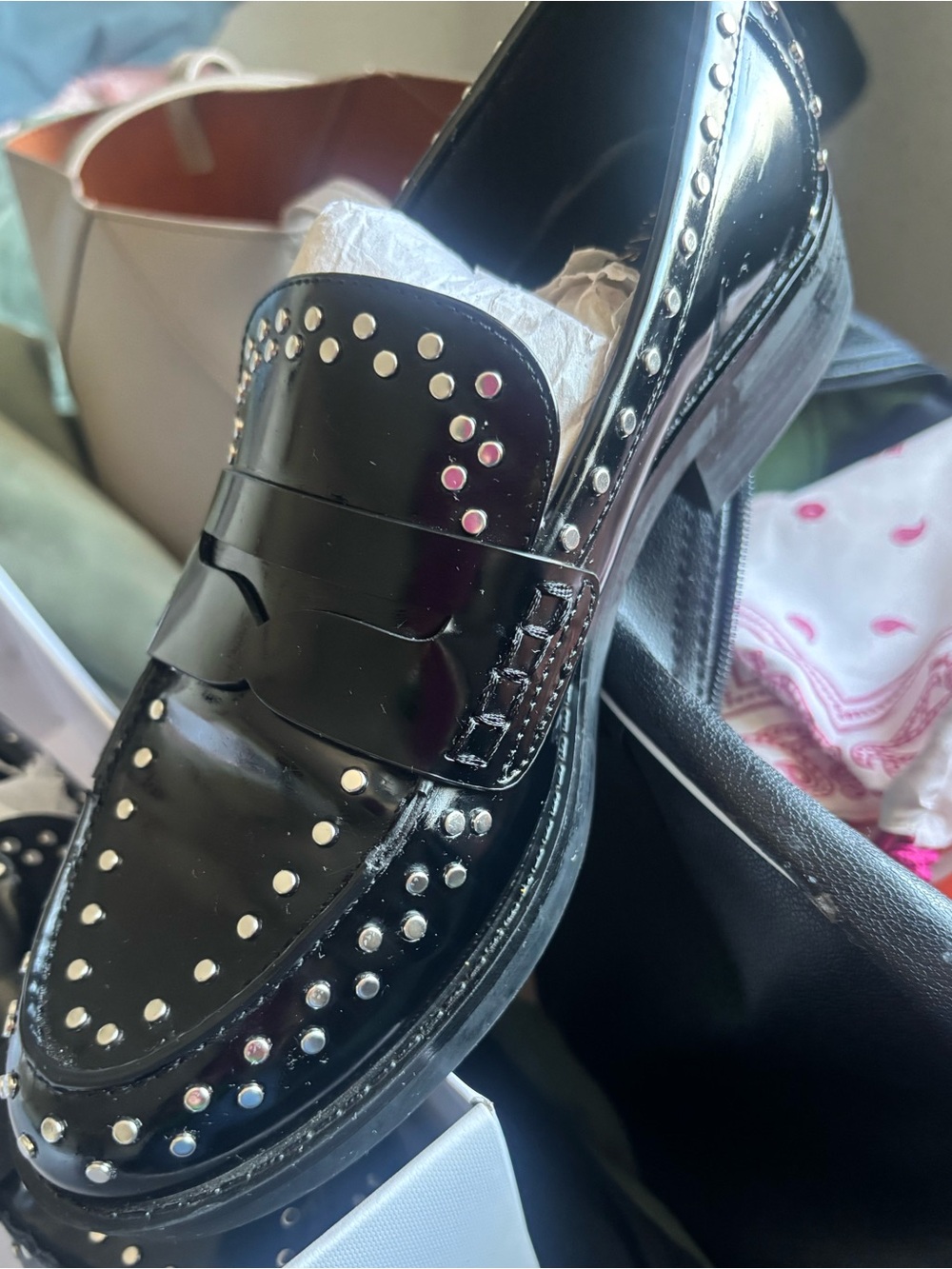 Marc Fisher Black Patent Studded Penny Loafers
